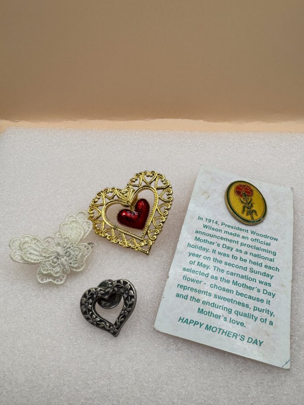Vintage Brooch Pin Lot Mother's Day Carnation Heart Lace Floral Pins Set of 4